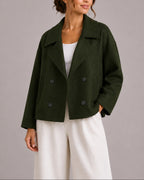 Women's Cropped Jacket with Oversized Lapel Collar, Double-Breasted Wool-Look Finish – Ella