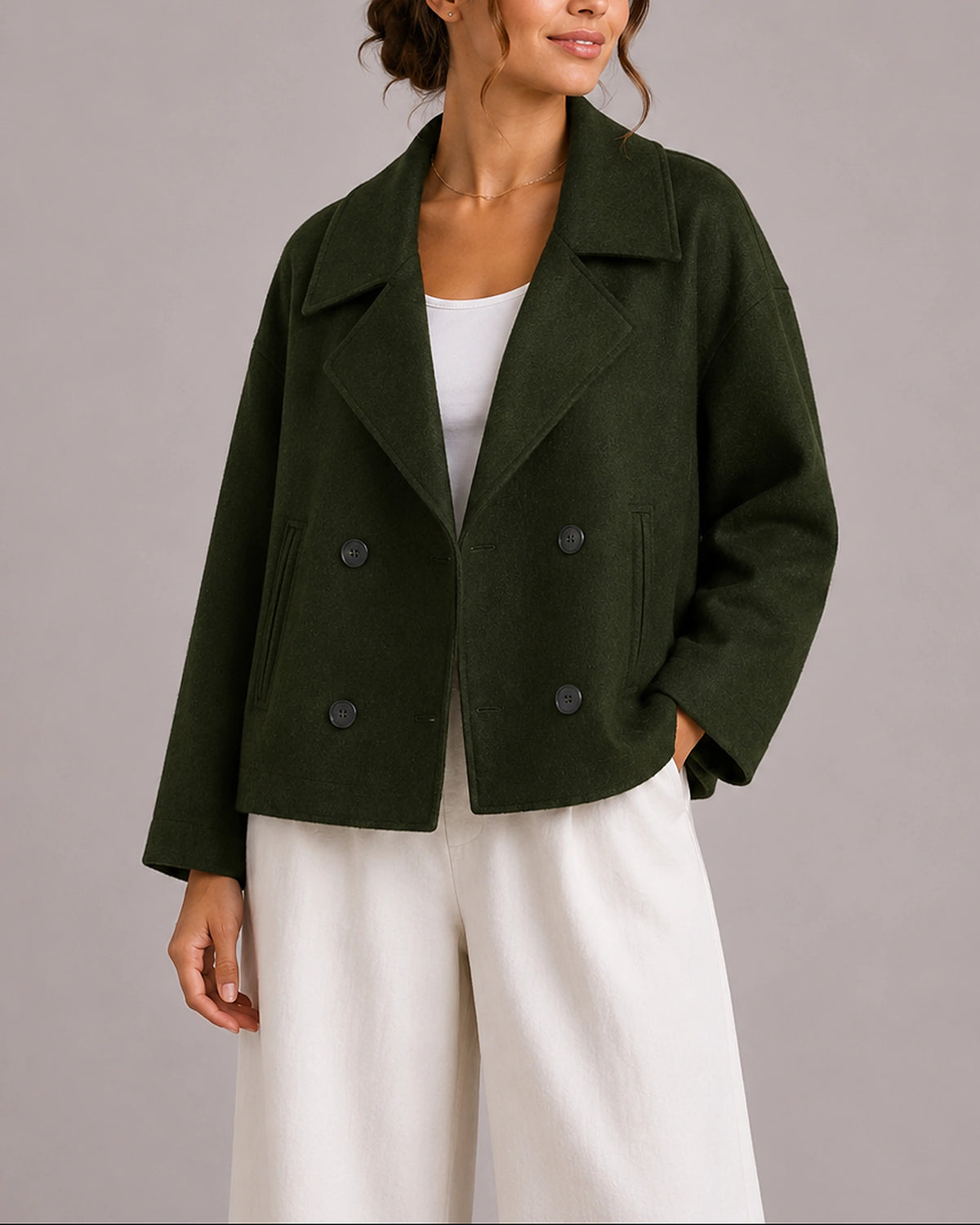 Women's Cropped Jacket with Oversized Lapel Collar, Double-Breasted Wool-Look Finish – Ella