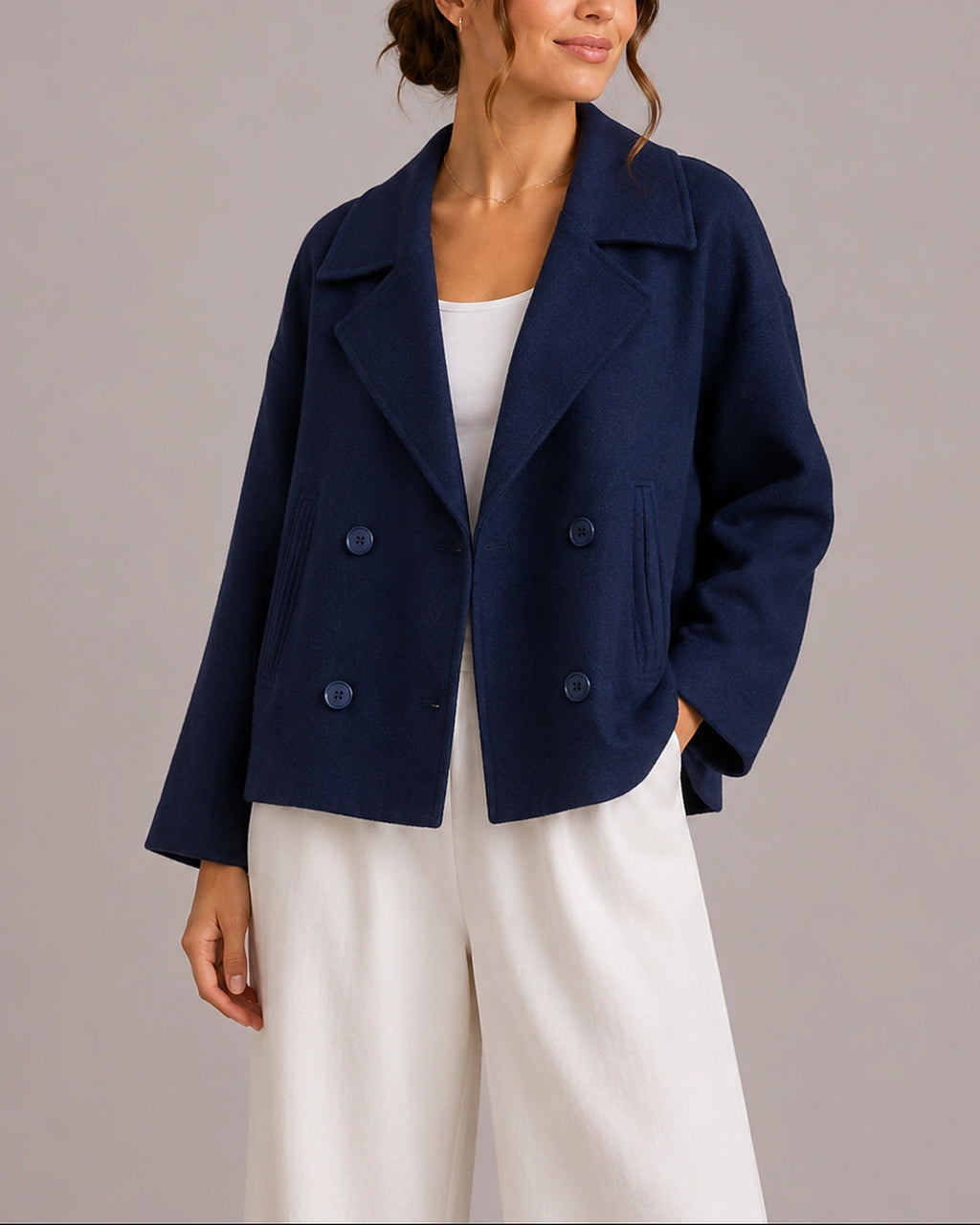 Women's Cropped Jacket with Oversized Lapel Collar, Double-Breasted Wool-Look Finish – Ella