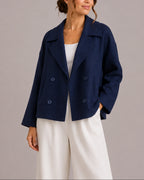 Women's Cropped Jacket with Oversized Lapel Collar, Double-Breasted Wool-Look Finish – Ella