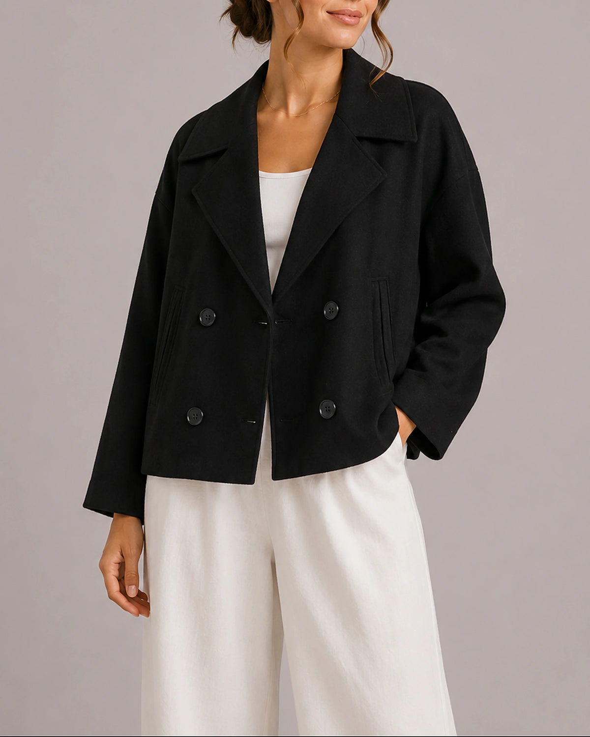 Women's Cropped Jacket with Oversized Lapel Collar, Double-Breasted Wool-Look Finish – Ella