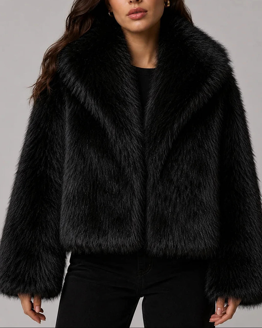 Women's Faux Fur Jacket Cropped with Oversized Collar, Fluffy Jacket for Winter – Uma