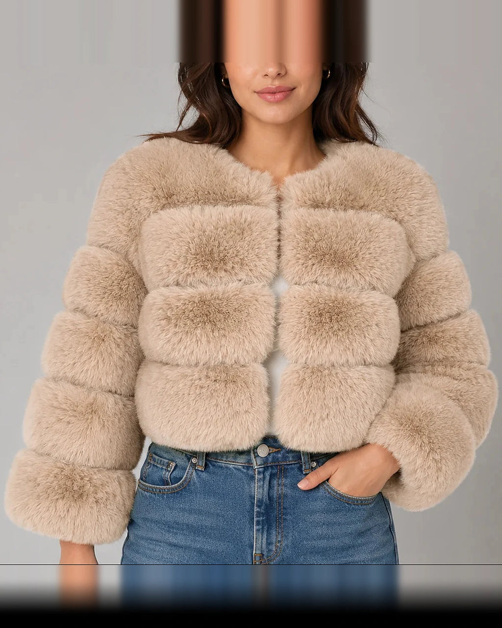 Women's Cropped Faux Fur Jacket with Round Neck and Long Sleeves – Tessa