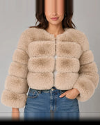Women's Cropped Faux Fur Jacket with Round Neck and Long Sleeves – Tessa