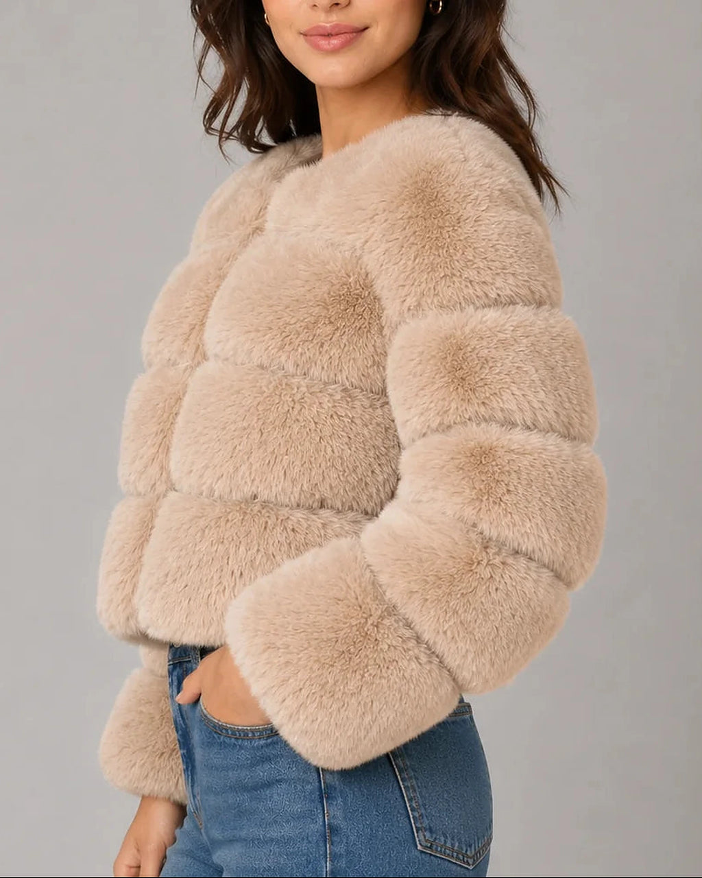 Women's Cropped Faux Fur Jacket with Round Neck and Long Sleeves – Tessa