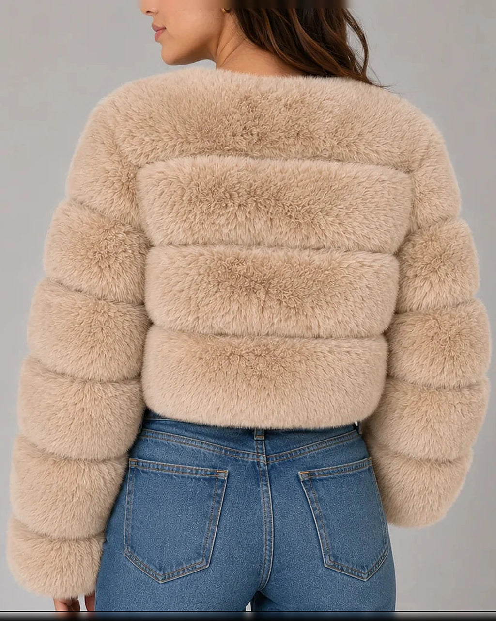 Women's Cropped Faux Fur Jacket with Round Neck and Long Sleeves – Tessa
