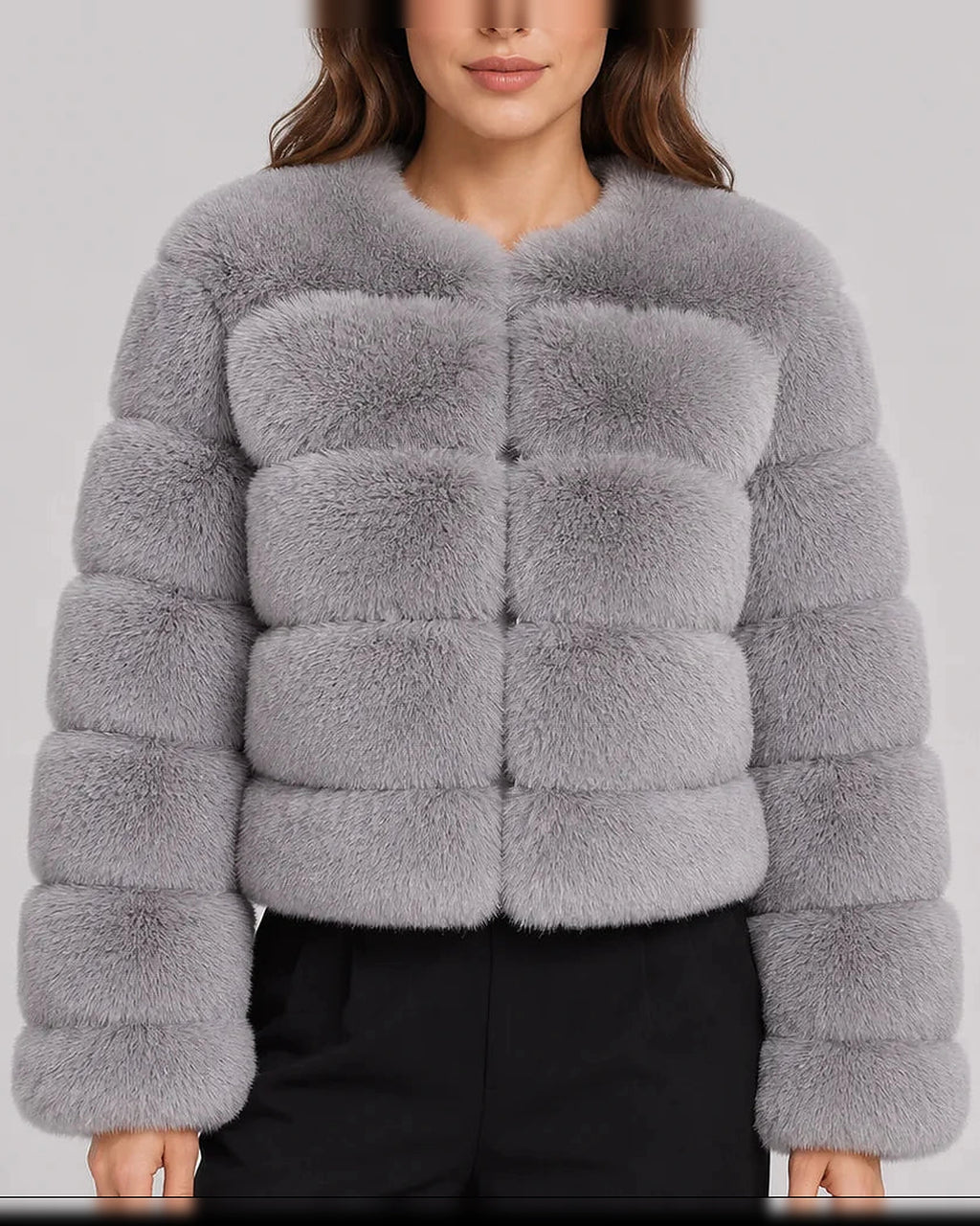 Women's Cropped Faux Fur Jacket with Round Neck and Long Sleeves – Tessa