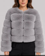 Women's Cropped Faux Fur Jacket with Round Neck and Long Sleeves – Tessa