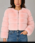 Women's Cropped Faux Fur Jacket with Round Neck and Long Sleeves – Tessa