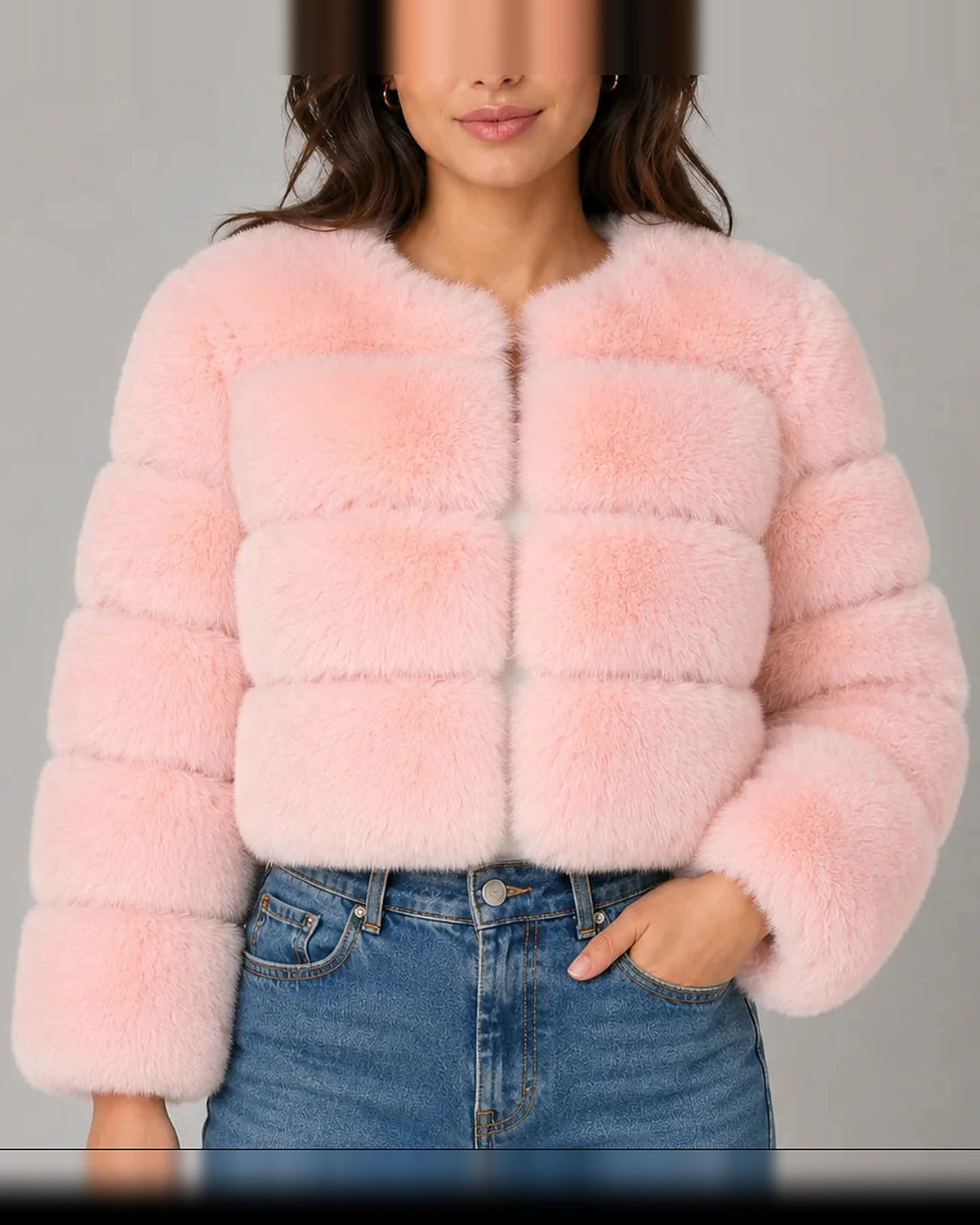 Women's Cropped Faux Fur Jacket with Round Neck and Long Sleeves – Tessa