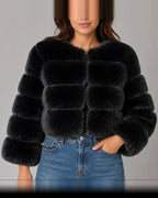 Women's Cropped Faux Fur Jacket with Round Neck and Long Sleeves – Tessa