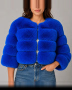 Women's Cropped Faux Fur Jacket with Round Neck and Long Sleeves – Tessa