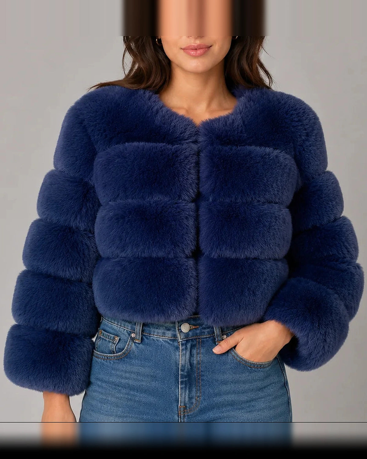 Women's Cropped Faux Fur Jacket with Round Neck and Long Sleeves – Tessa