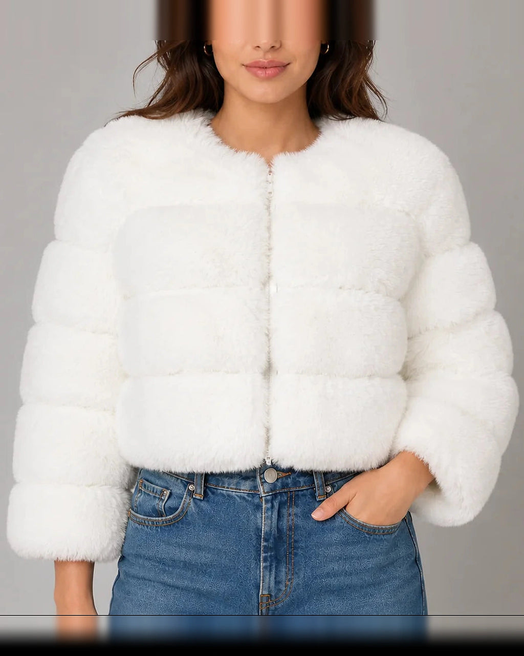 Women's Cropped Faux Fur Jacket with Round Neck and Long Sleeves – Tessa