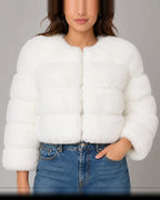 Women's Cropped Faux Fur Jacket with Round Neck and Long Sleeves – Tessa