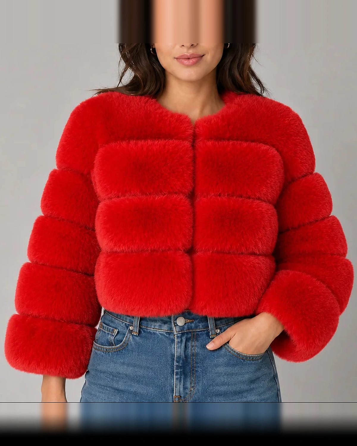 Women's Cropped Faux Fur Jacket with Round Neck and Long Sleeves – Tessa