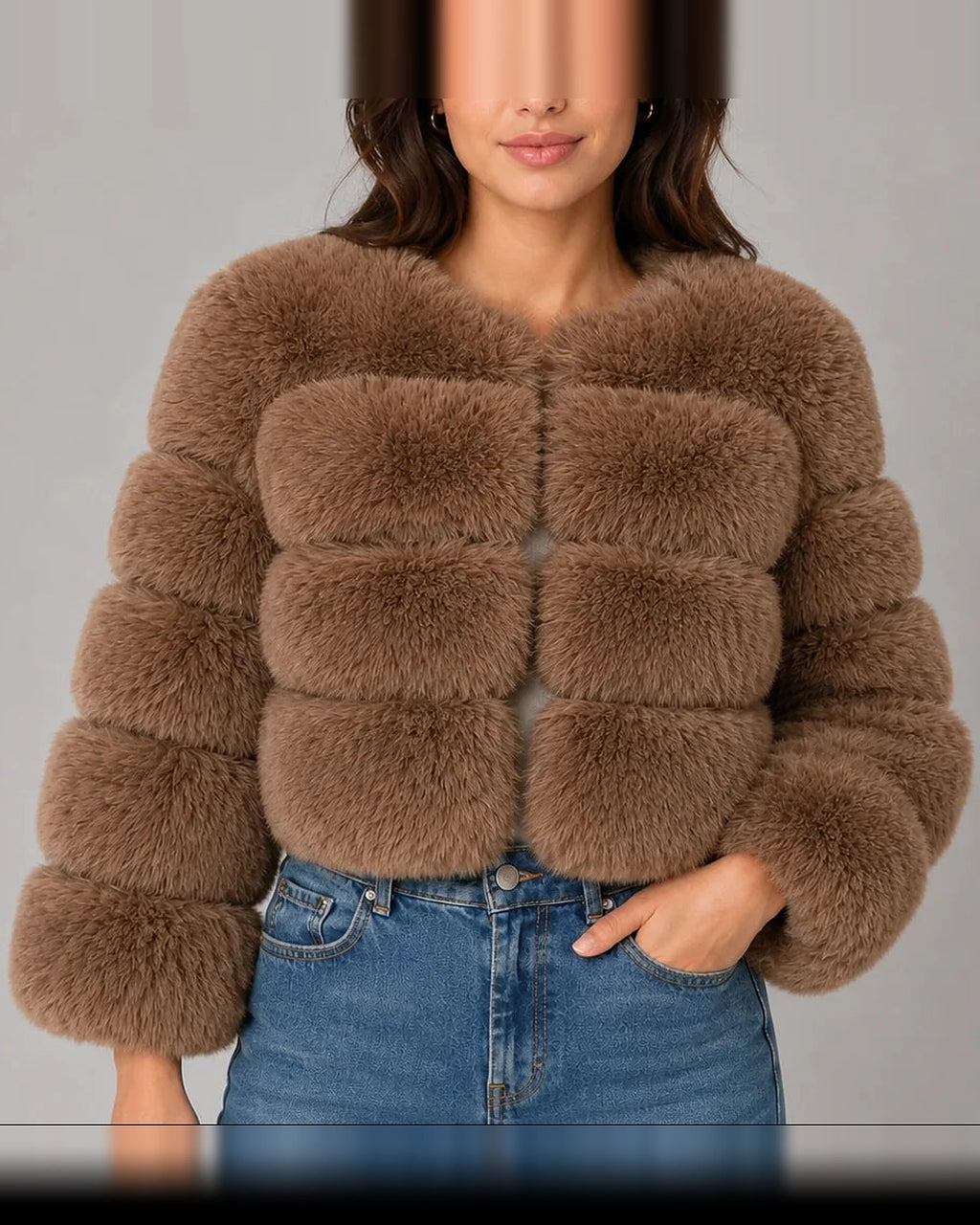 Women's Cropped Faux Fur Jacket with Round Neck and Long Sleeves – Tessa