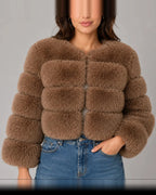 Women's Cropped Faux Fur Jacket with Round Neck and Long Sleeves – Tessa
