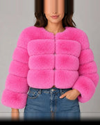 Women's Cropped Faux Fur Jacket with Round Neck and Long Sleeves – Tessa