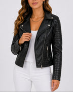 Women's Cropped Faux Leather Jacket in Biker Style with Quilted Shoulders and Zip Pockets – Ines