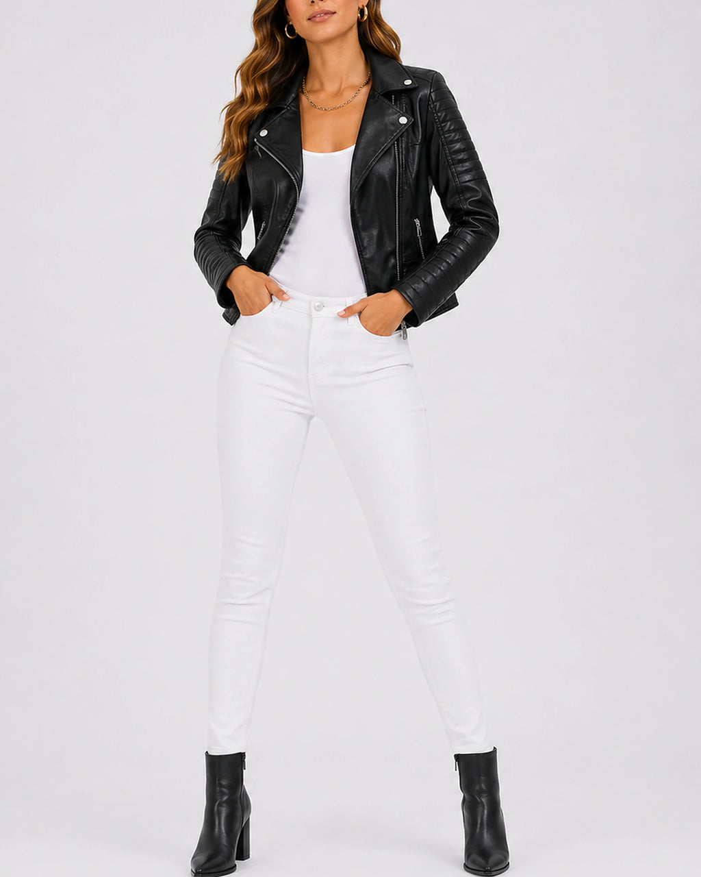 Women's Cropped Faux Leather Jacket in Biker Style with Quilted Shoulders and Zip Pockets – Ines