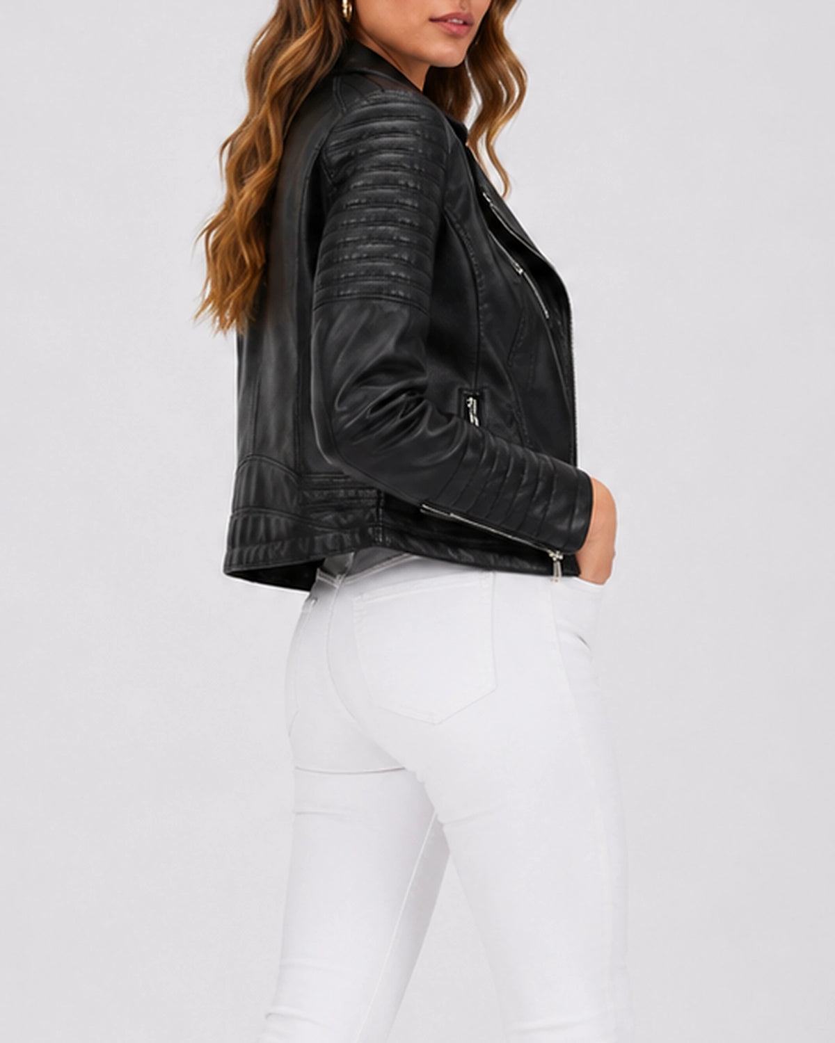 Women's Cropped Faux Leather Jacket in Biker Style with Quilted Shoulders and Zip Pockets – Ines