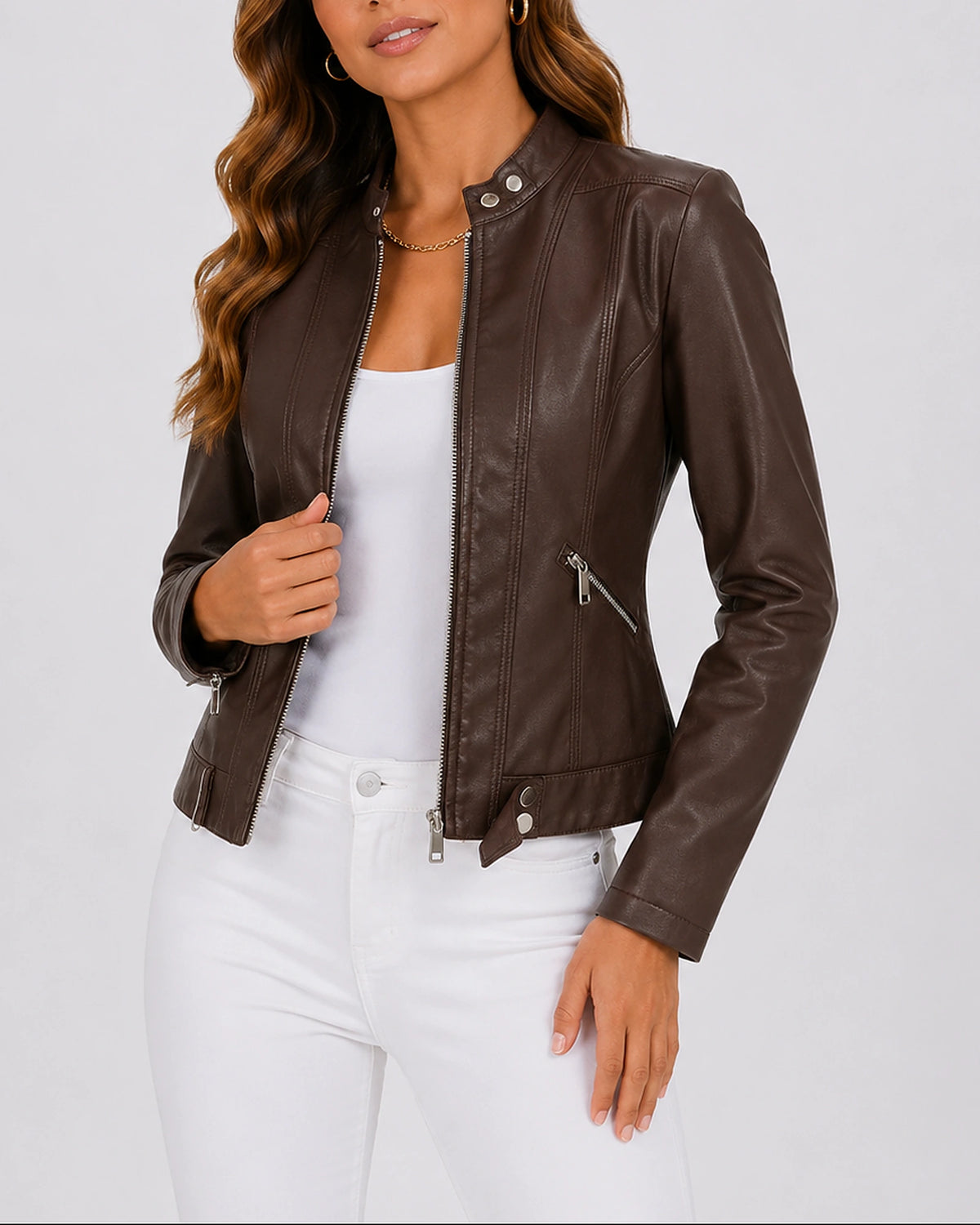 Women's Faux Leather Jacket with Zip Pockets and Snap Collar, Cropped Biker Style – Heidi