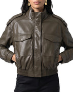 Women's Cropped Faux Leather Bomber Jacket with Funnel Neck and Flap Pockets – Quinn