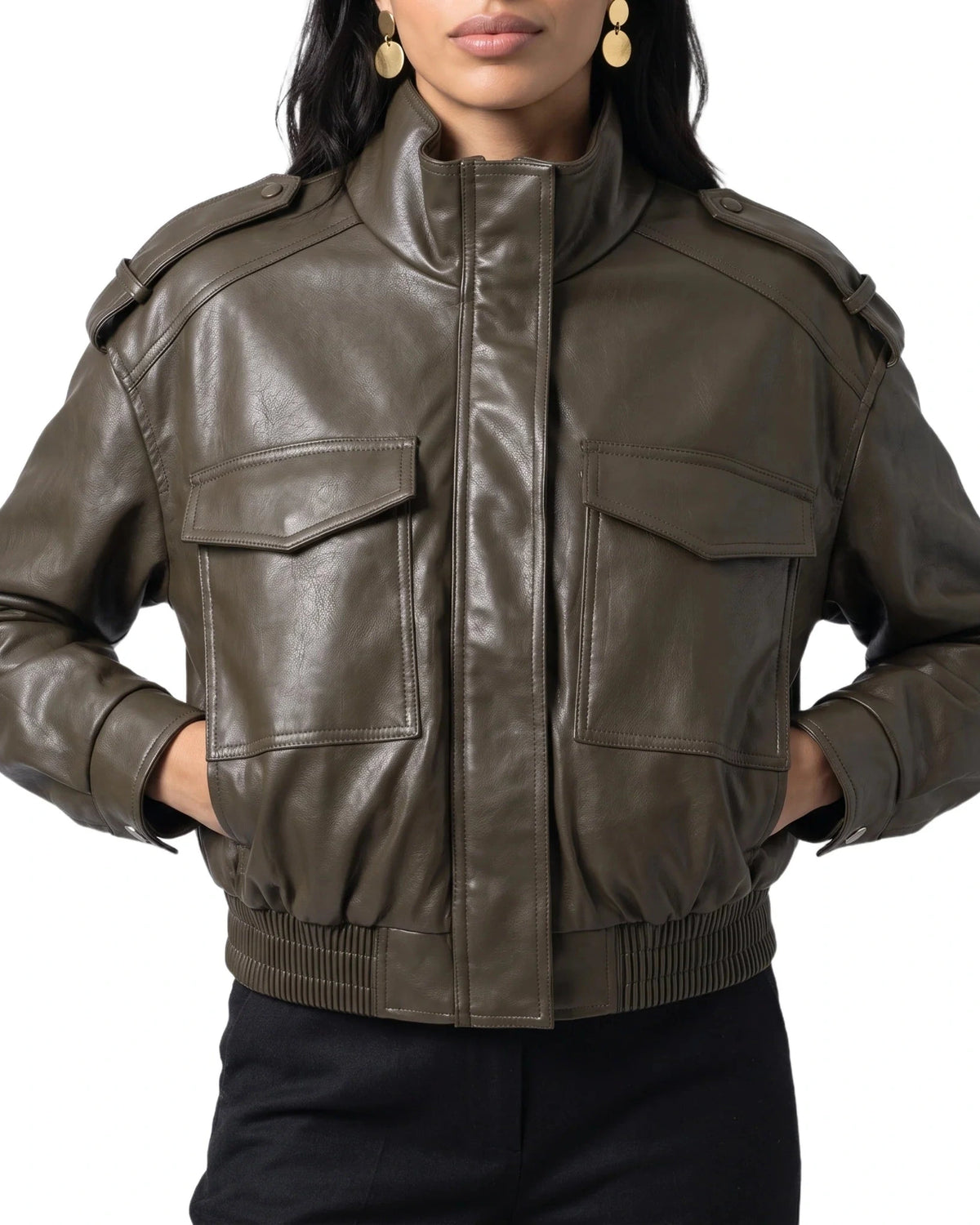 Women's Cropped Faux Leather Bomber Jacket with Funnel Neck and Flap Pockets – Quinn