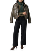 Women's Cropped Faux Leather Bomber Jacket with Funnel Neck and Flap Pockets – Quinn