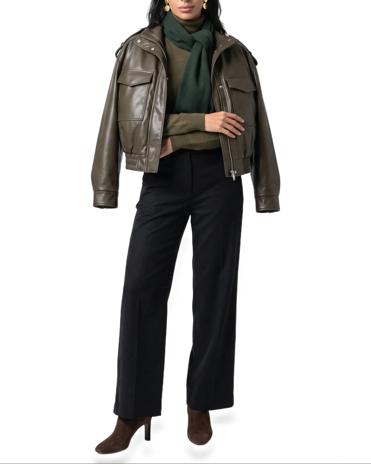 Women's Cropped Faux Leather Bomber Jacket with Funnel Neck and Flap Pockets – Quinn
