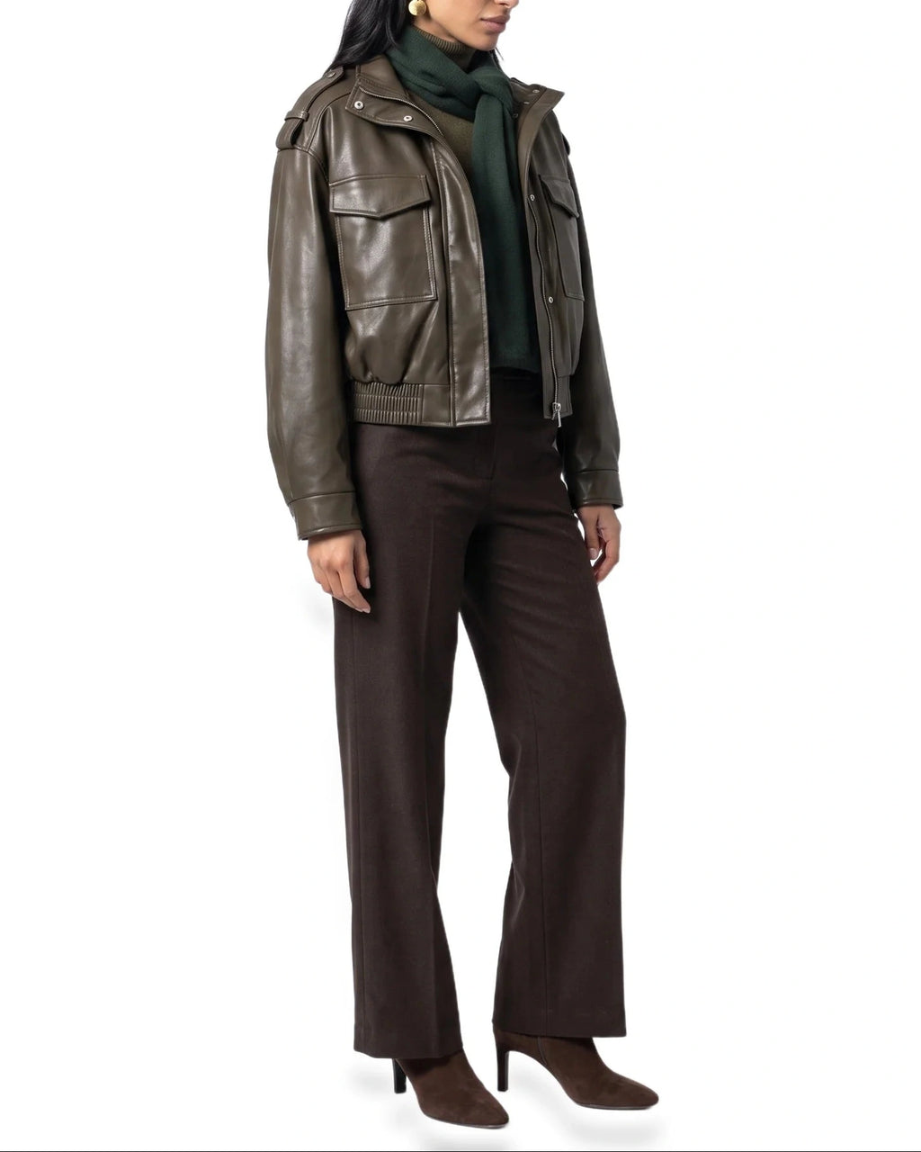 Women's Cropped Faux Leather Bomber Jacket with Funnel Neck and Flap Pockets – Quinn