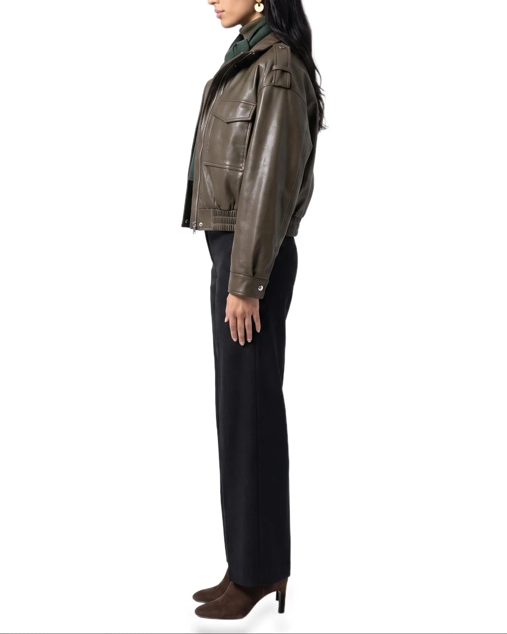 Women's Cropped Faux Leather Bomber Jacket with Funnel Neck and Flap Pockets – Quinn