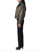 Women's Cropped Faux Leather Bomber Jacket with Funnel Neck and Flap Pockets – Quinn