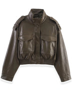 Women's Cropped Faux Leather Bomber Jacket with Funnel Neck and Flap Pockets – Quinn