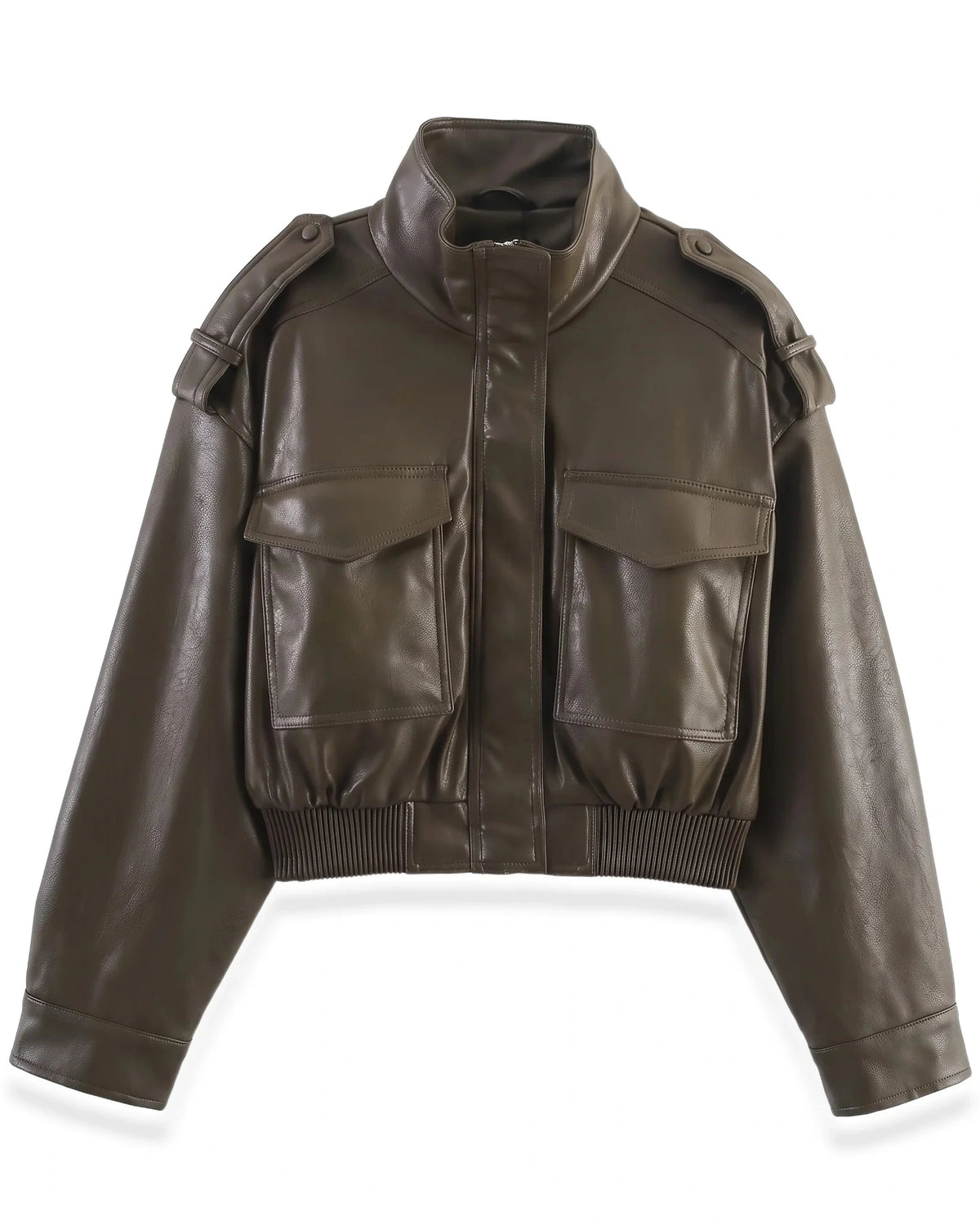 Women's Cropped Faux Leather Bomber Jacket with Funnel Neck and Flap Pockets – Quinn