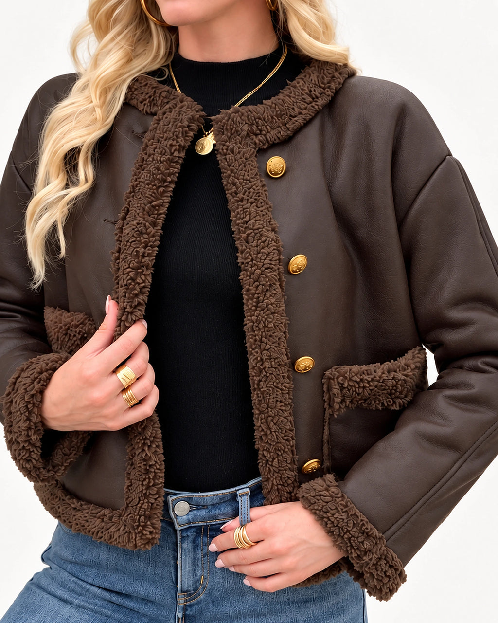Women's Brown Leather Jacket with Shearling Trim and Flap Pockets, Cropped Faux Leather Jacket – Josie