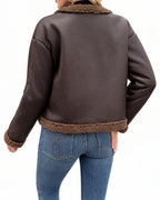 Women's Brown Leather Jacket with Shearling Trim and Flap Pockets, Cropped Faux Leather Jacket – Josie