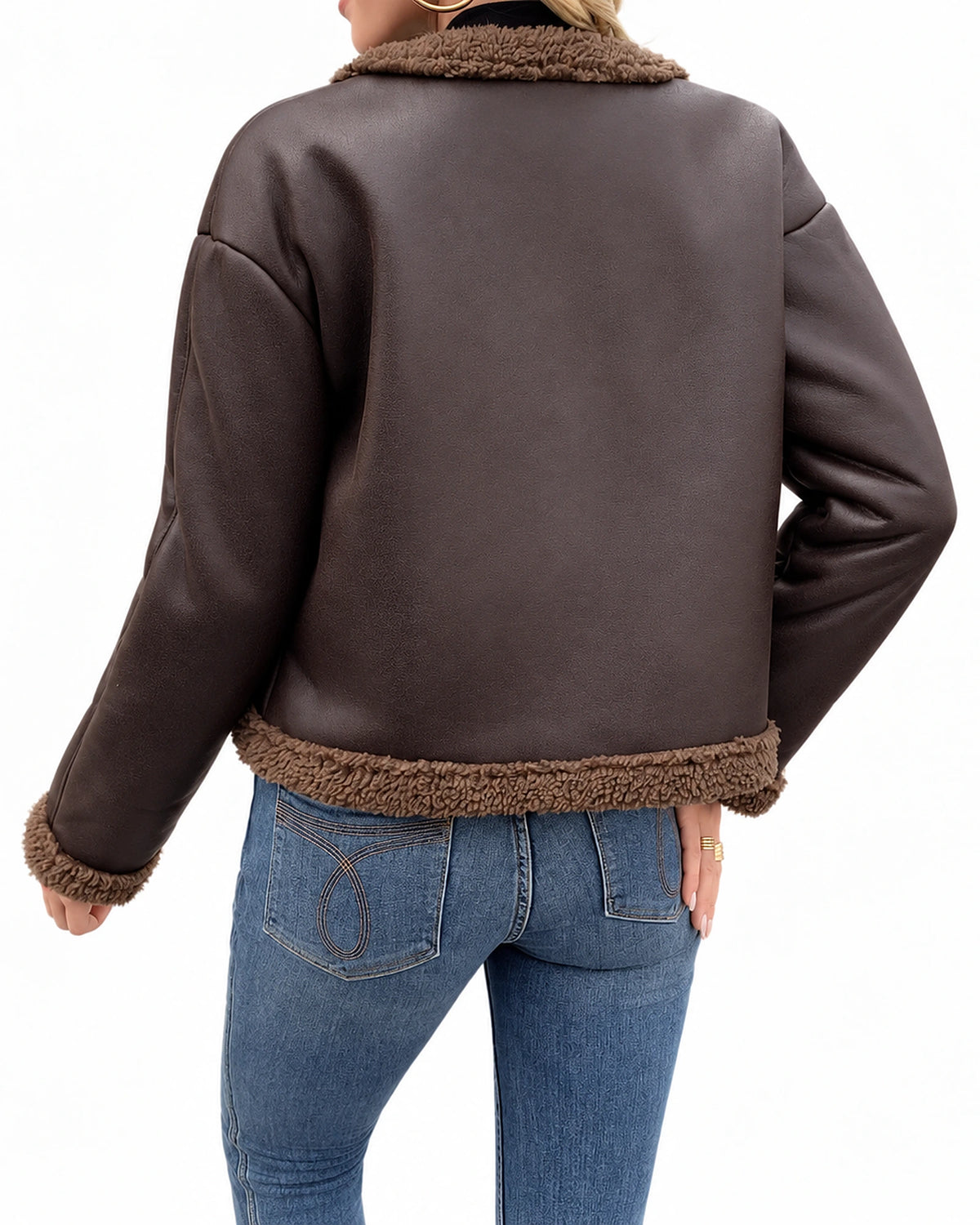 Women's Brown Leather Jacket with Shearling Trim and Flap Pockets, Cropped Faux Leather Jacket – Josie