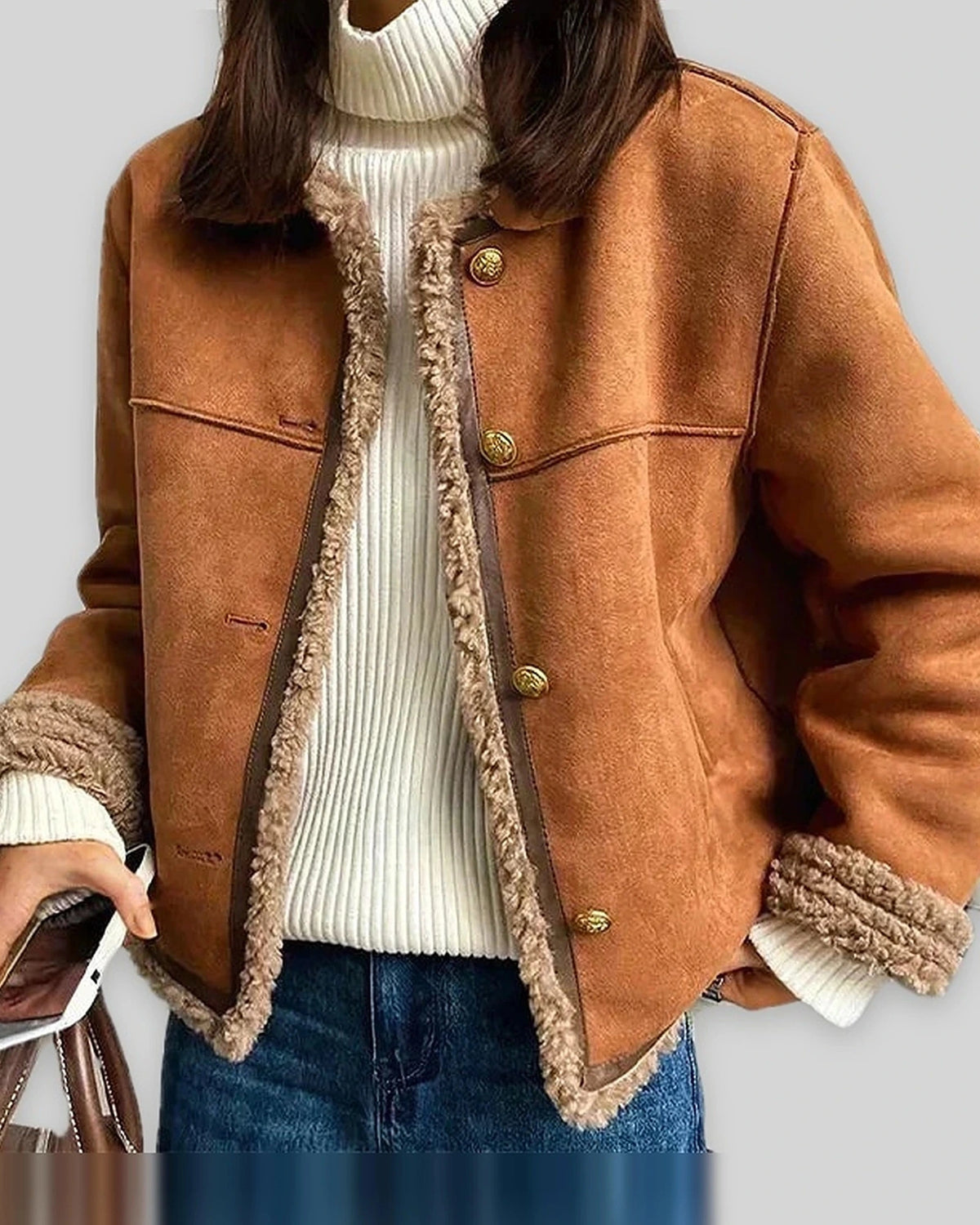 Women's Shearling Jacket in Brown Faux Suede with Contrast Piping and Gold-Tone Buttons – Felicity
