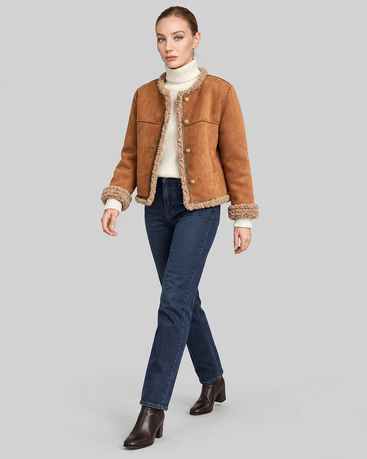 Women's Shearling Jacket in Brown Faux Suede with Contrast Piping and Gold-Tone Buttons – Felicity