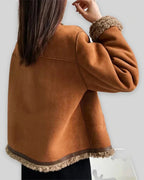 Women's Shearling Jacket in Brown Faux Suede with Contrast Piping and Gold-Tone Buttons – Felicity