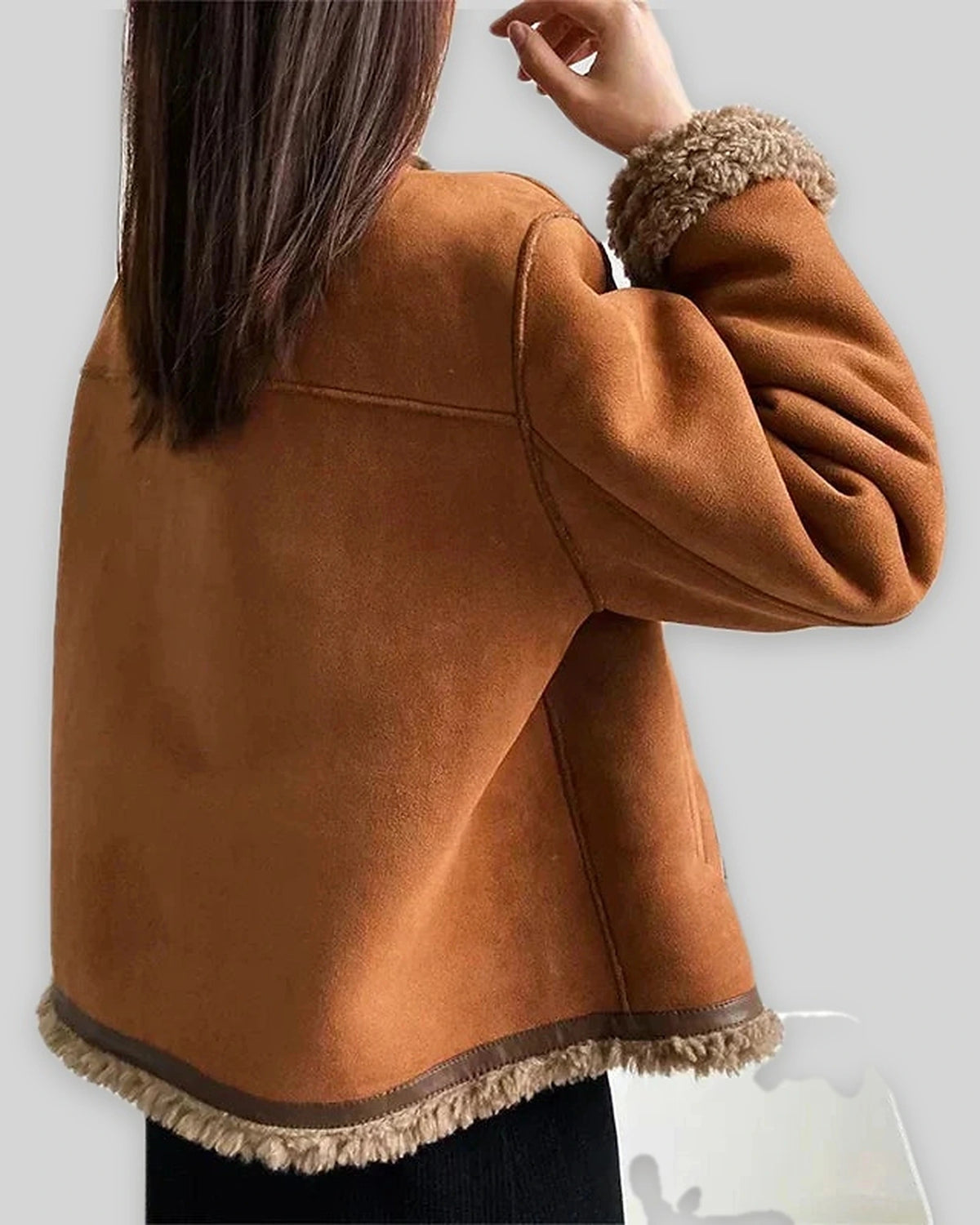 Women's Shearling Jacket in Brown Faux Suede with Contrast Piping and Gold-Tone Buttons – Felicity