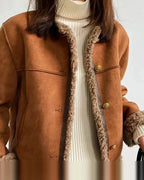 Women's Shearling Jacket in Brown Faux Suede with Contrast Piping and Gold-Tone Buttons – Felicity