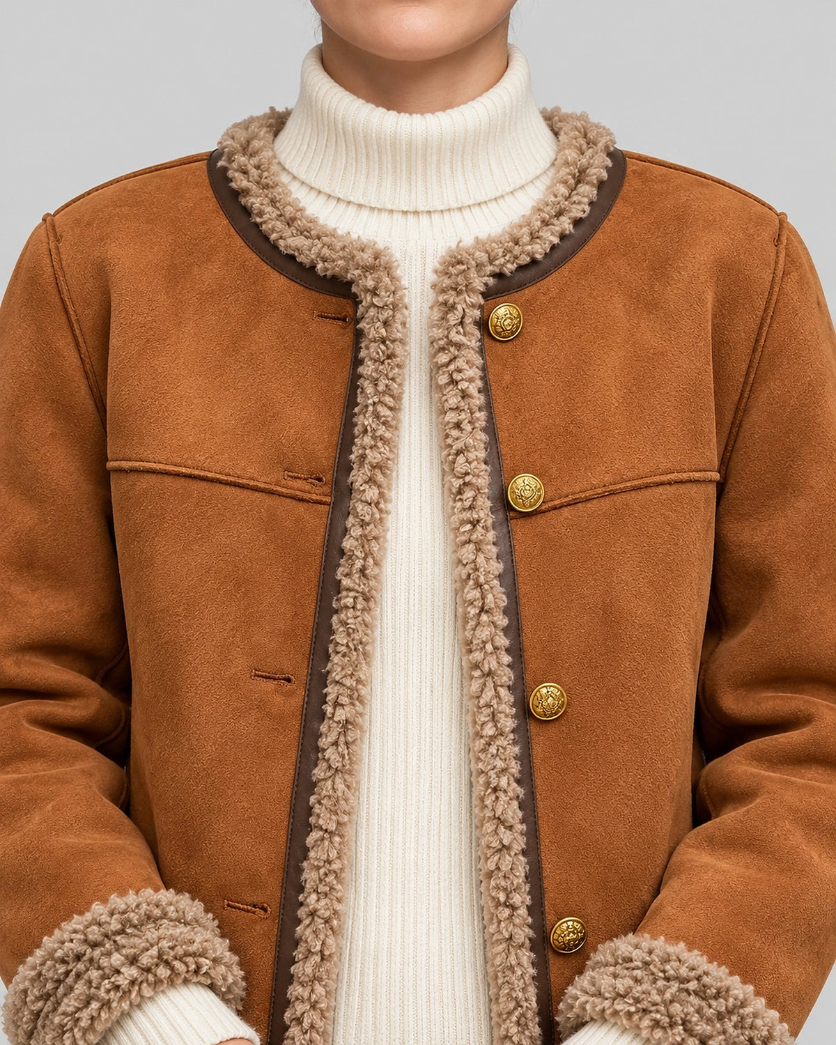 Women's Shearling Jacket in Brown Faux Suede with Contrast Piping and Gold-Tone Buttons – Felicity