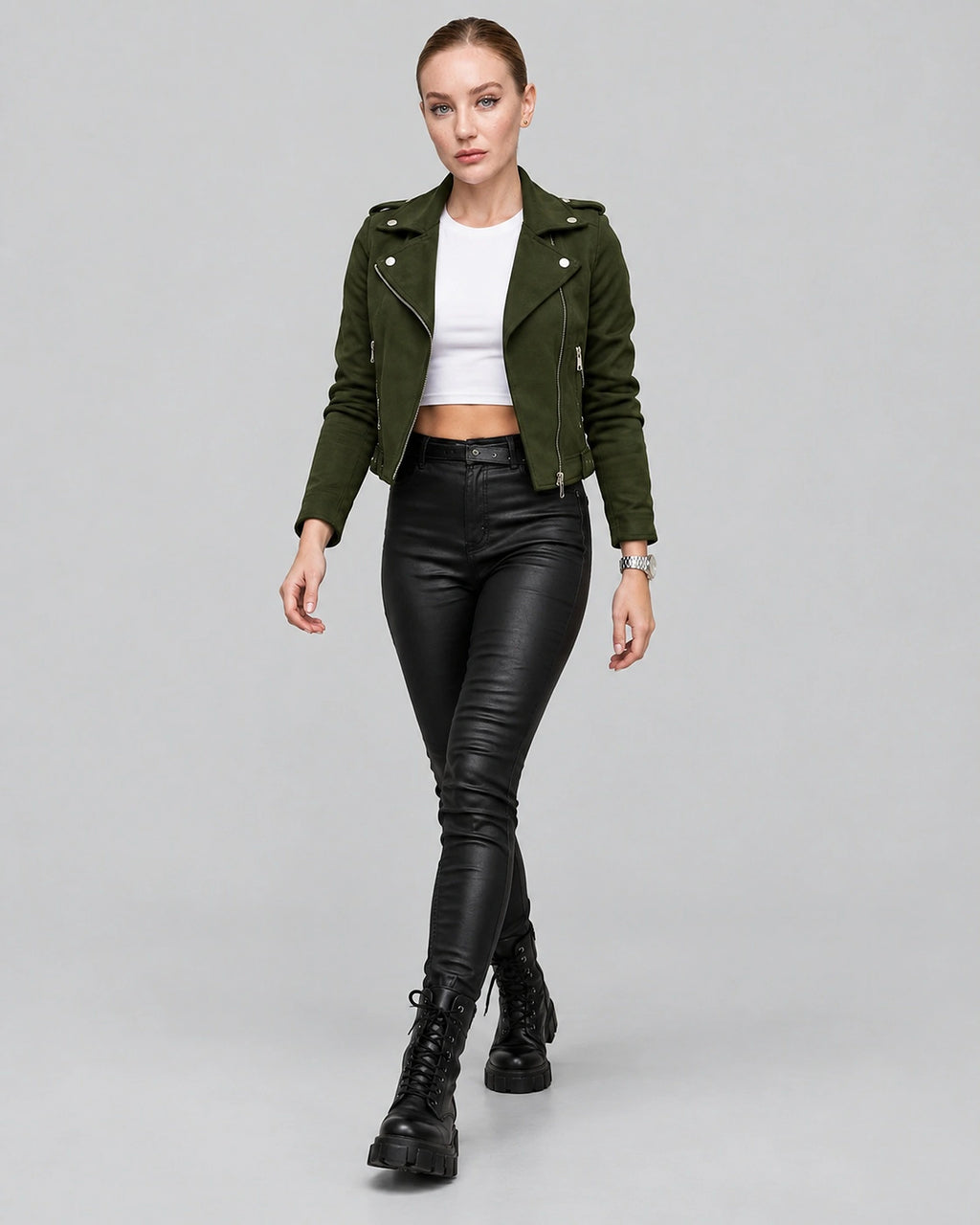 Women's Cropped Faux Suede Biker Jacket with Asymmetric Zip and Notched Collar – Harriet