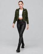 Women's Cropped Faux Suede Biker Jacket with Asymmetric Zip and Notched Collar – Harriet
