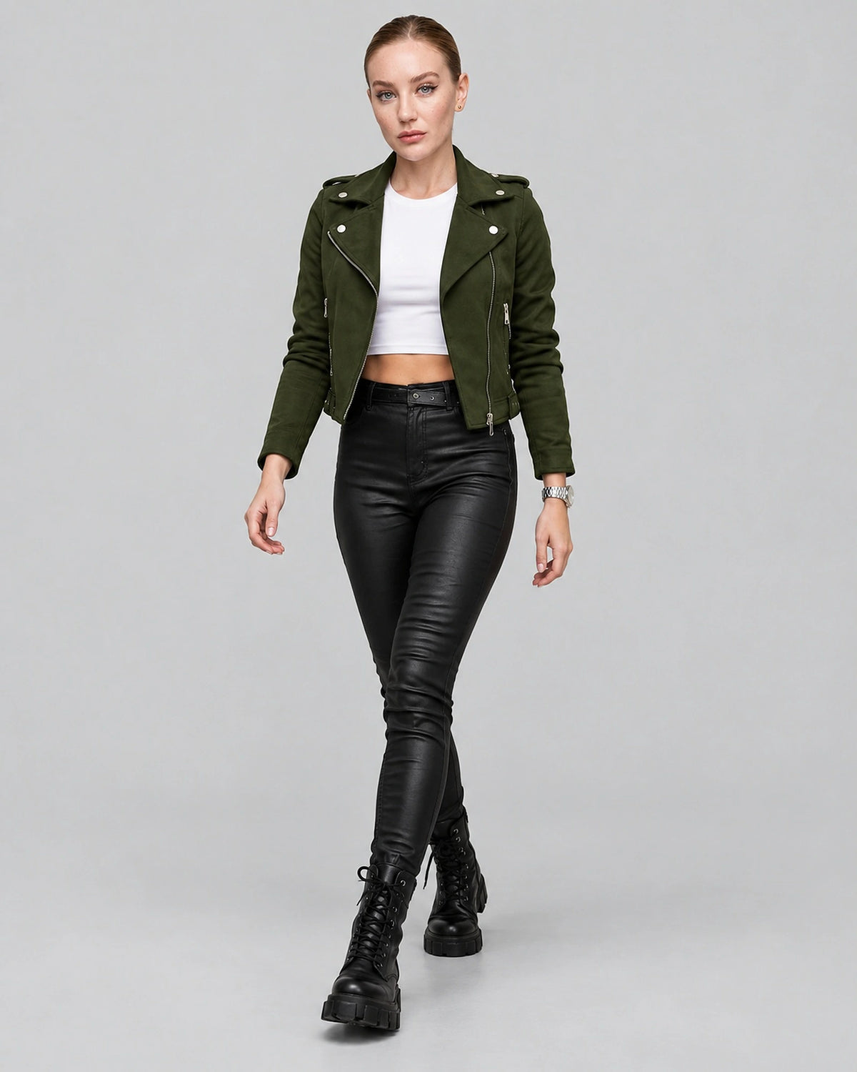 Women's Cropped Faux Suede Biker Jacket with Asymmetric Zip and Notched Collar – Harriet