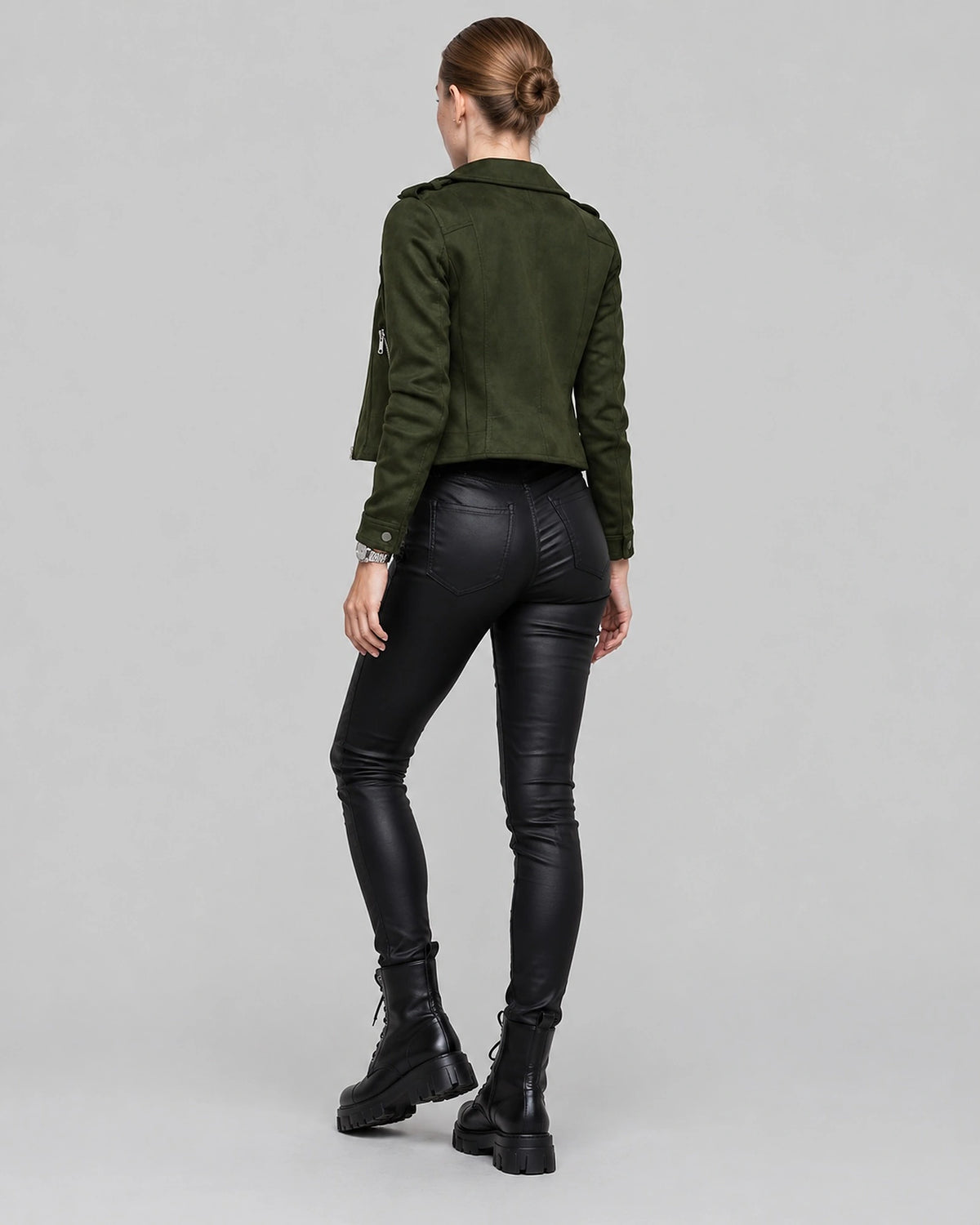 Women's Cropped Faux Suede Biker Jacket with Asymmetric Zip and Notched Collar – Harriet