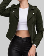 Women's Cropped Faux Suede Biker Jacket with Asymmetric Zip and Notched Collar – Harriet